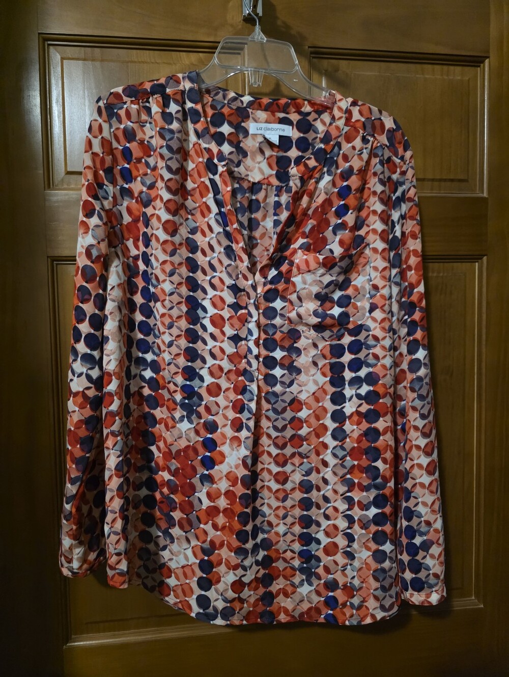 Liz Claiborne Red, Navy & Cream Geometric V-Neck Blouse